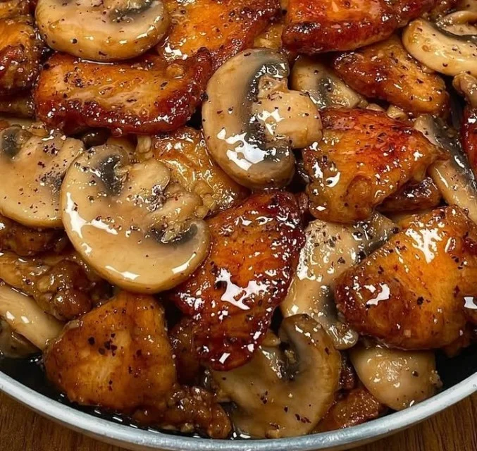 Delicious Black Pepper Chicken with Mushrooms served on a plate
