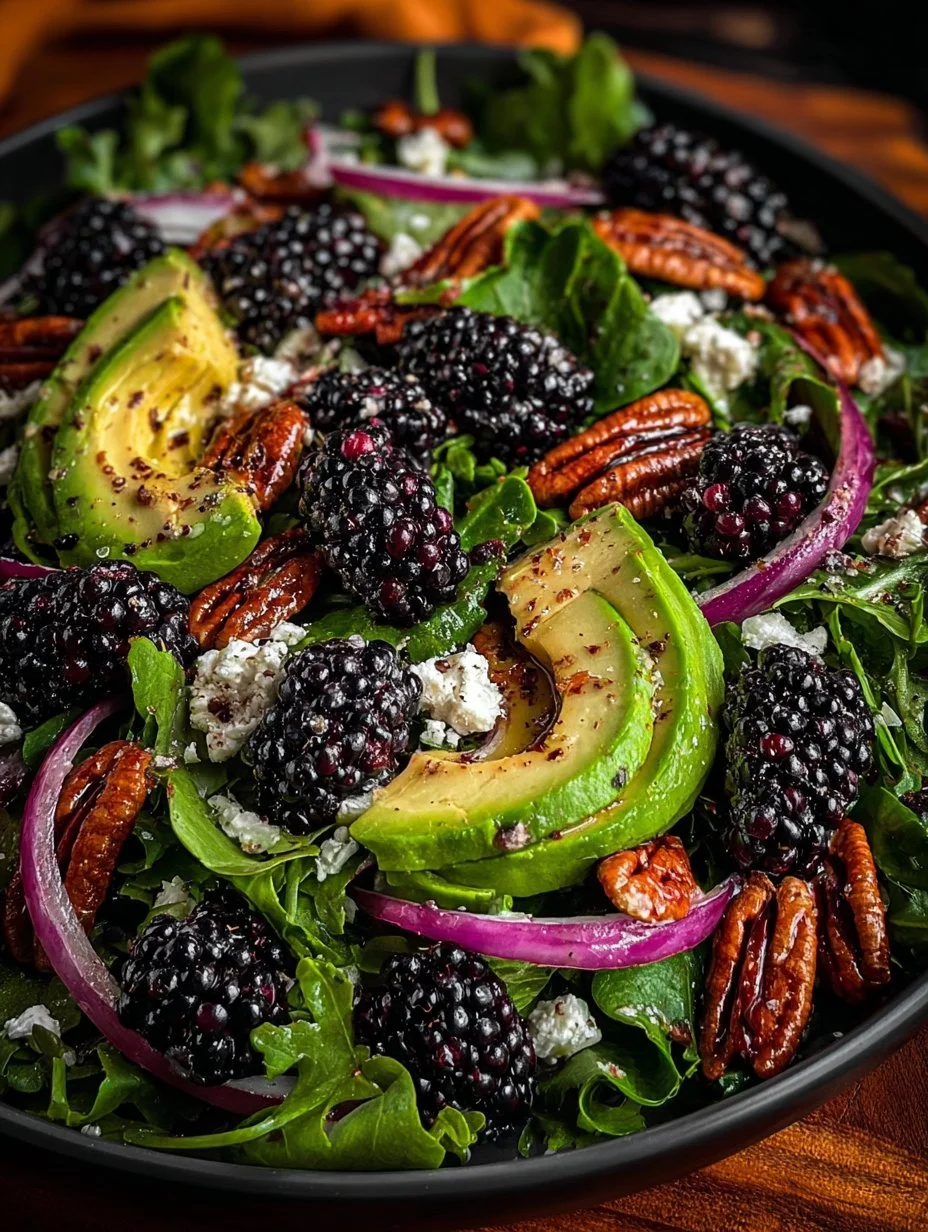 Fresh Blackberry Avocado Salad topped with honey lemon vinaigrette