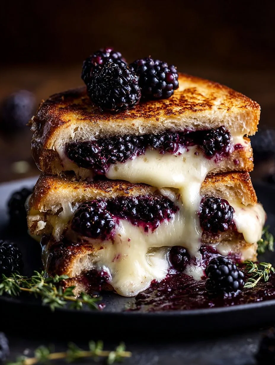 Blackberry Brie Grilled Cheese with Balsamic Drizzle served on a wooden board