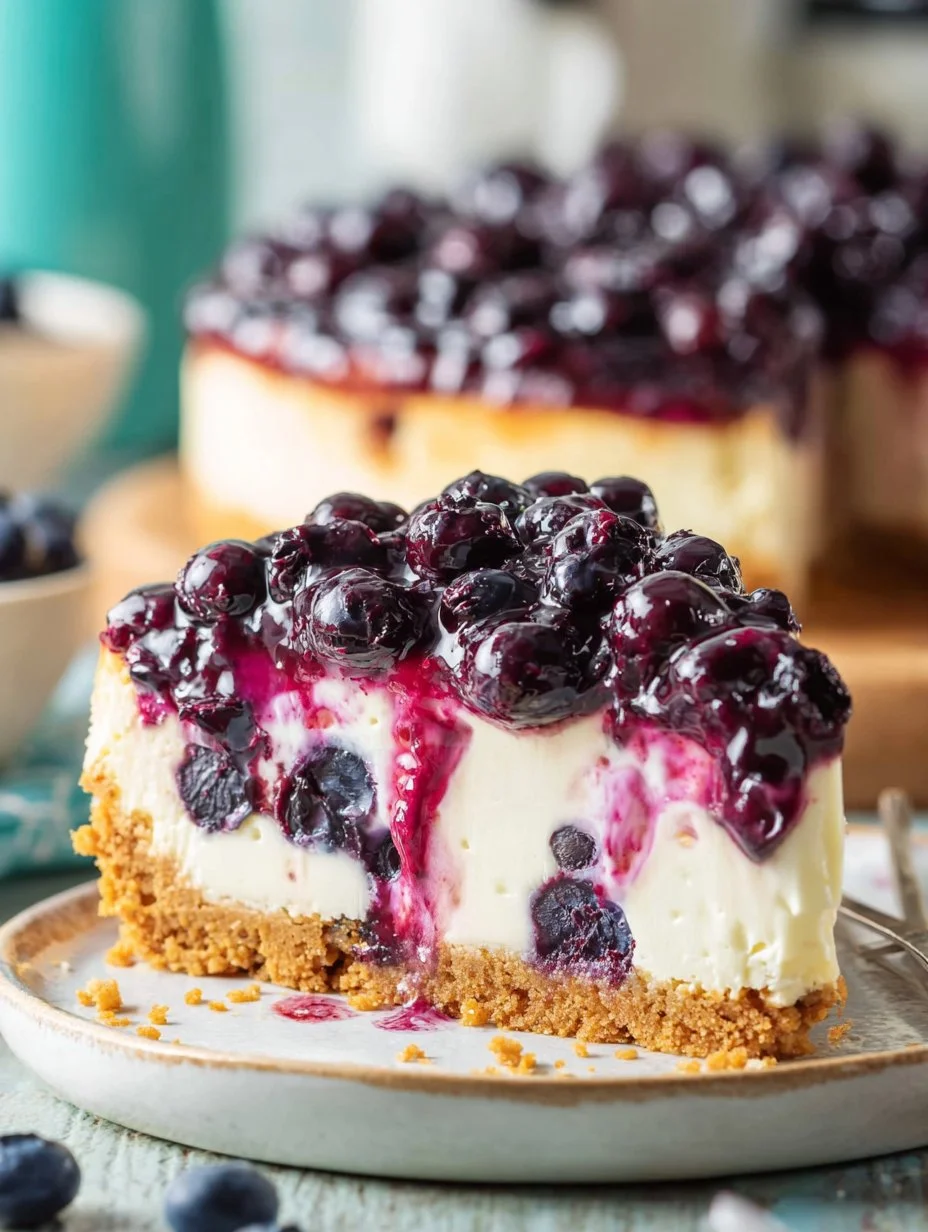 Delicious blueberry cheesecake topped with fresh blueberries.