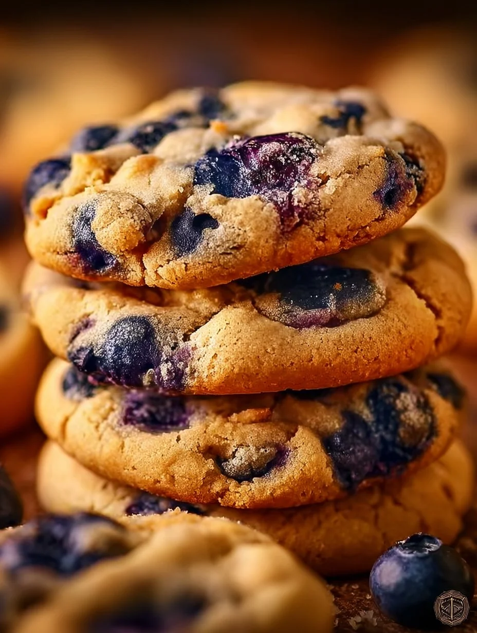 Blueberry cheesecake cookies on a plate, garnished with fresh blueberries.
