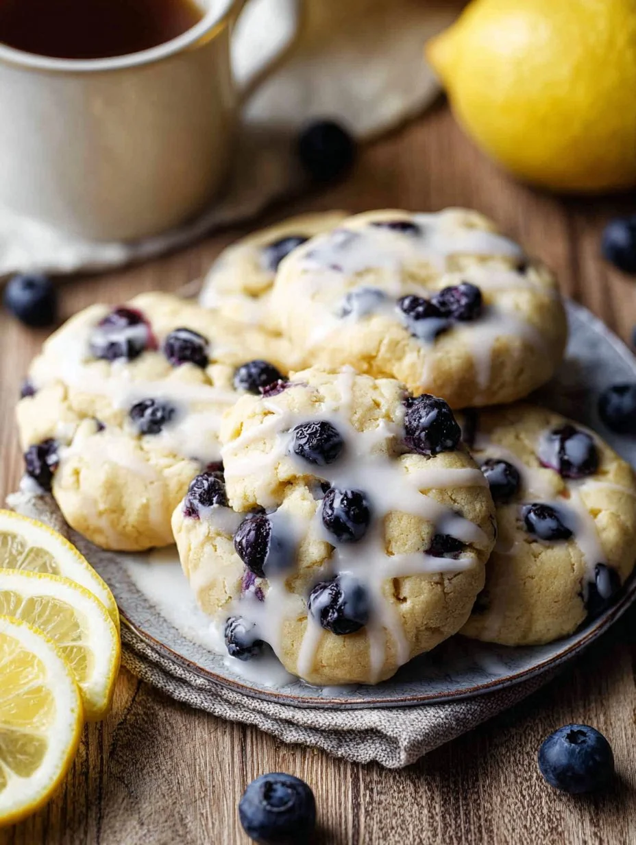 Blueberry cream cheese cookies drizzled with lemon glaze on a plate