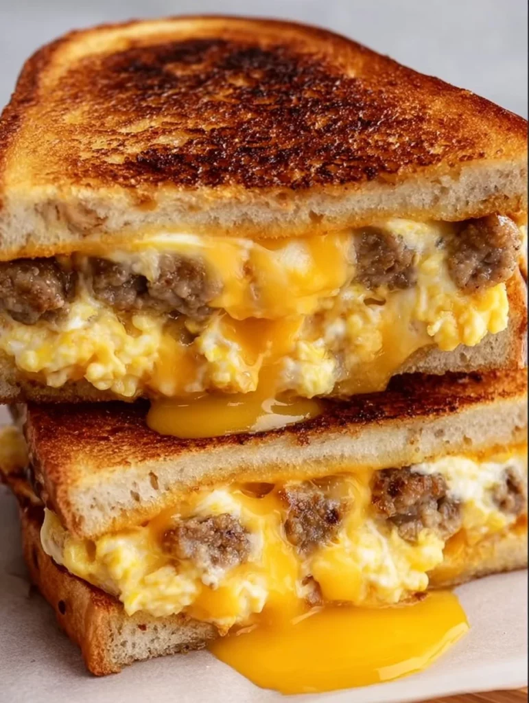 Breakfast grilled cheese sandwich with eggs, cheese, and perfectly toasted bread.
