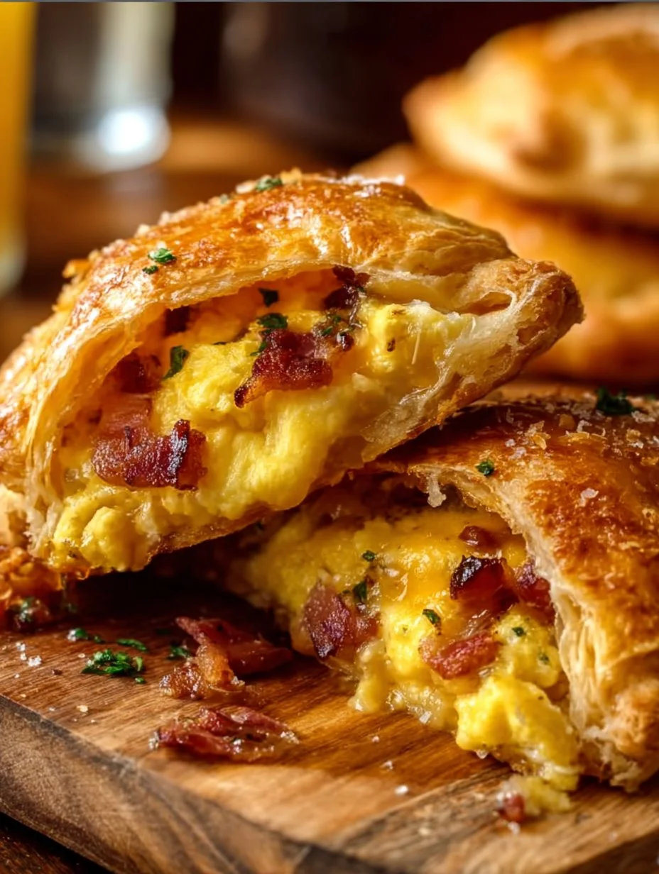 Delicious breakfast hand pies filled with fruit and cheese on a wooden table