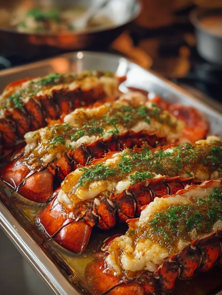 Broiled lobster tails topped with delicious garlic butter, ready to serve.