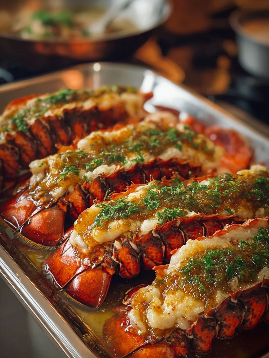 Broiled lobster tails topped with delicious garlic butter, ready to serve.