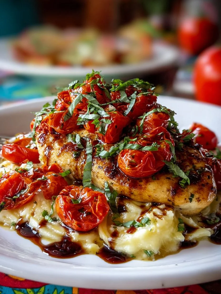 Delicious bruschetta chicken topped with tomatoes and basil on a plate