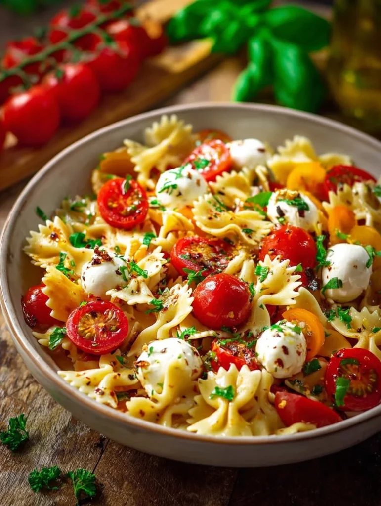 Delicious Caprese Pasta Salad with tomatoes, mozzarella, and basil
