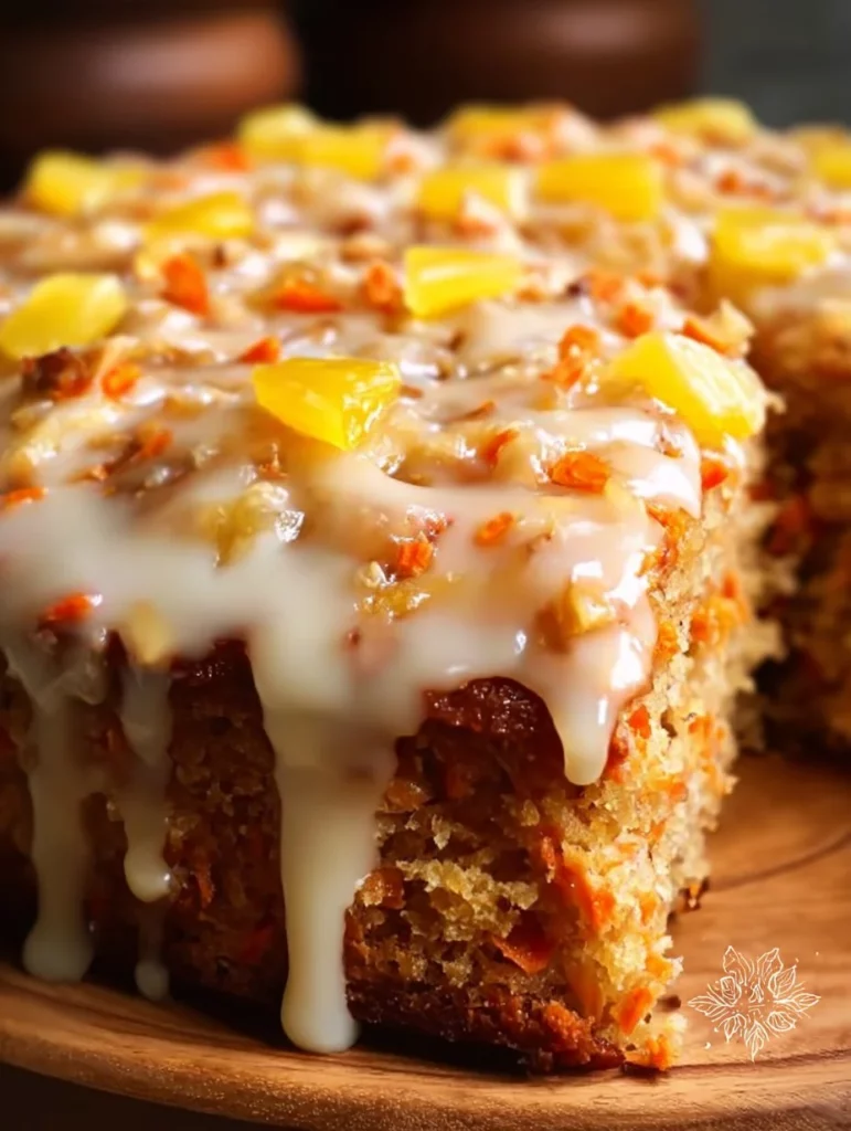 Delicious carrot cake with pineapple topped with cream cheese frosting.