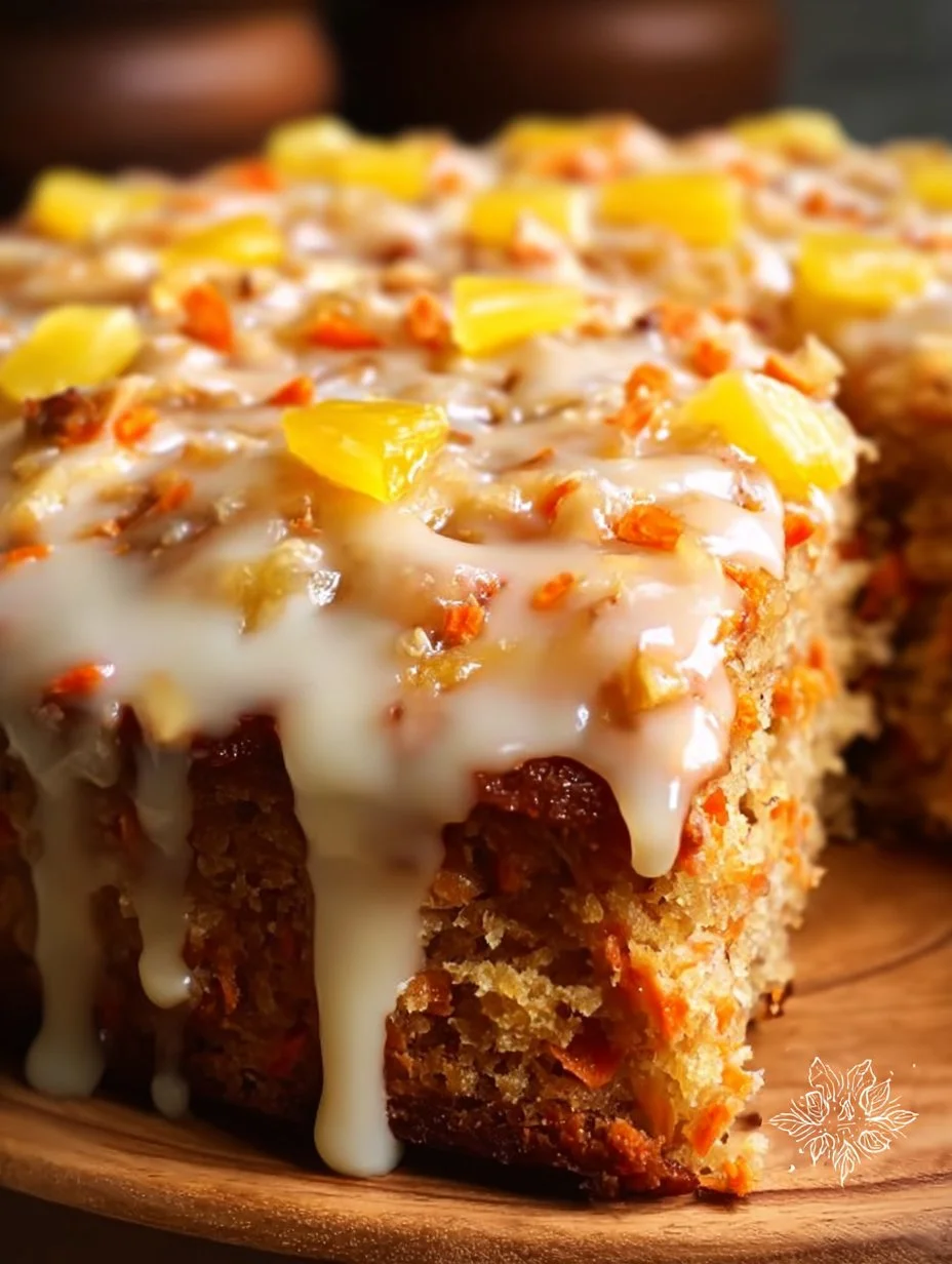 Delicious carrot cake with pineapple topped with cream cheese frosting.