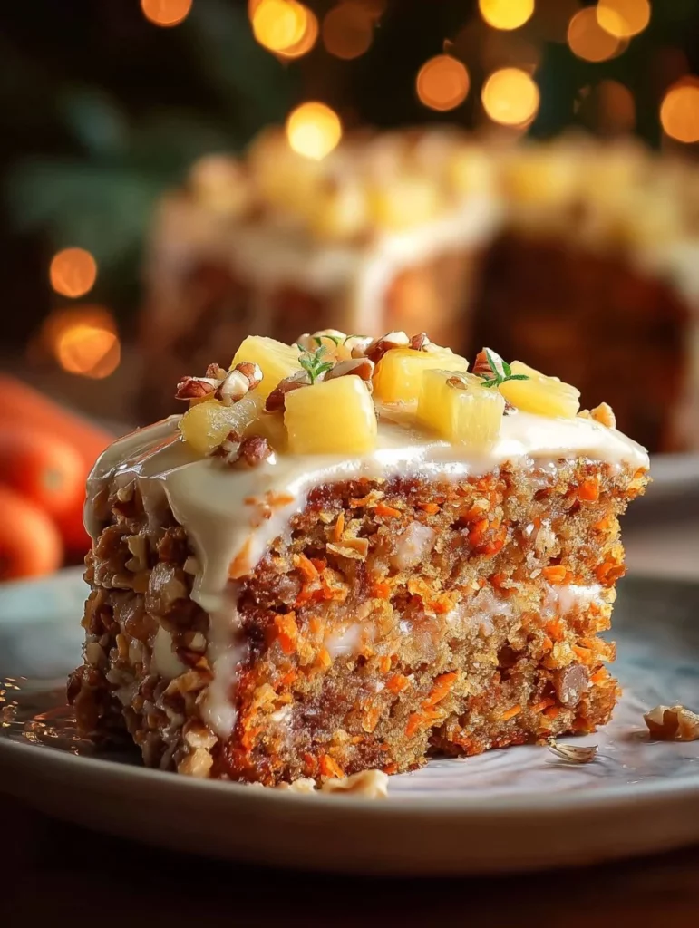 Delicious carrot cake with pineapple showing layers and cream cheese frosting