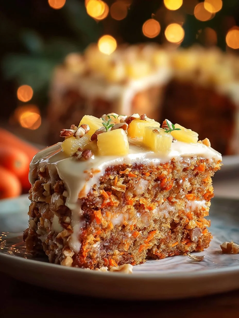 Delicious carrot cake with pineapple showing layers and cream cheese frosting