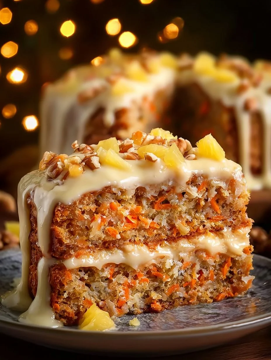 Delicious carrot cake with pineapple, showcasing moist layers and tempting frosting.
