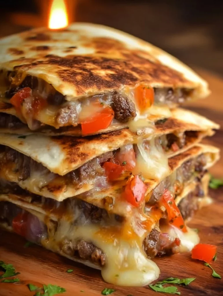 Delicious cheese-crusted steak quesadillas served with salsa and guacamole.