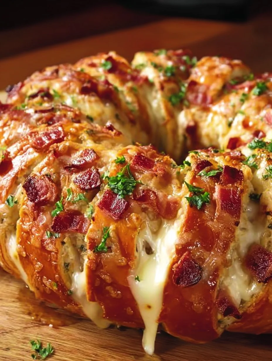 Cheesy bacon stuffed garlic bread wreath, golden and appetizing.