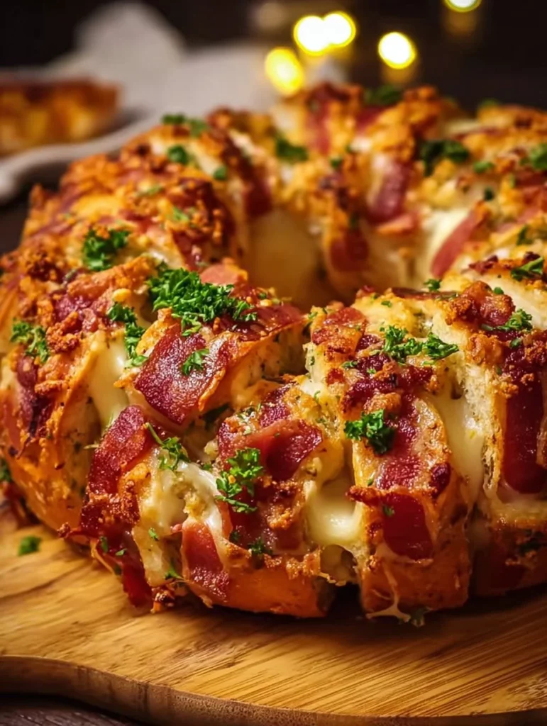 Cheesy bacon stuffed garlic bread wreath, golden and delicious appetizer.