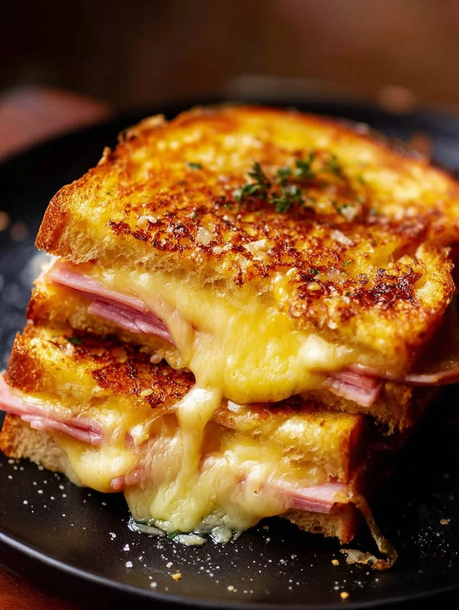Cheesy ham and egg toast served with fresh herbs on a plate