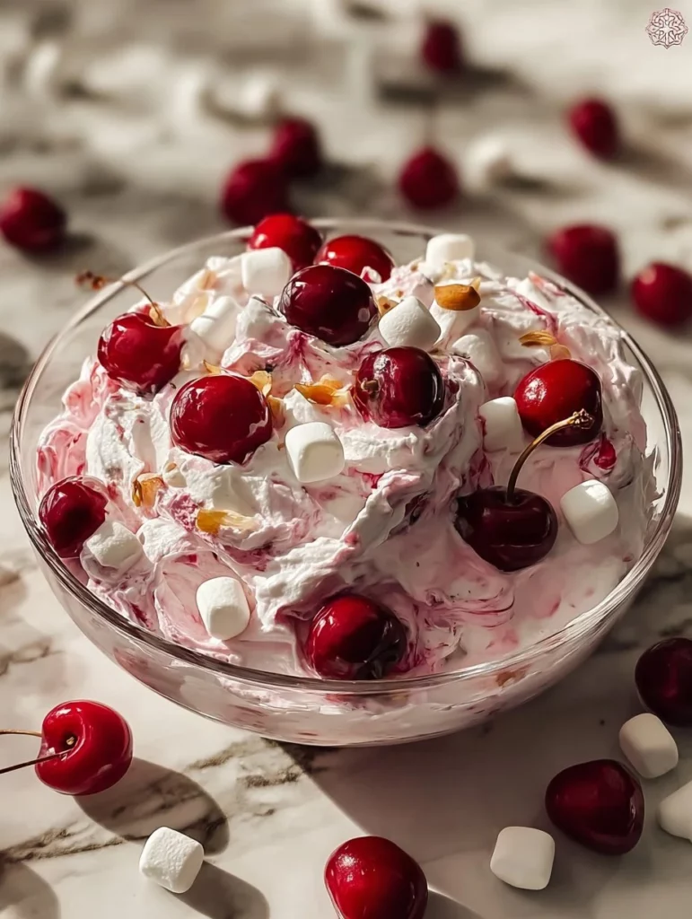 Delicious Cherry Cheesecake Fluff in a glass dish, garnished with cherries.