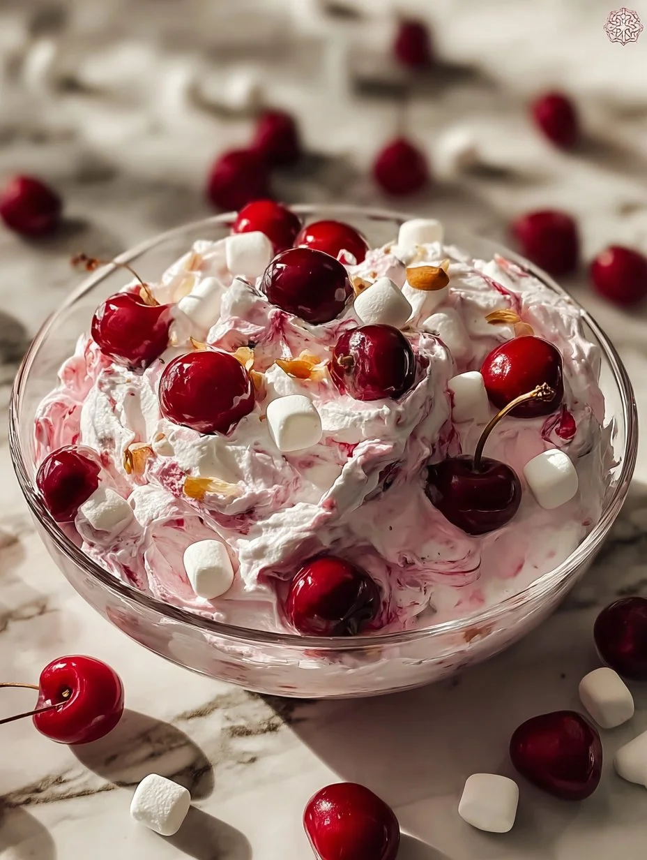 Delicious Cherry Cheesecake Fluff in a glass dish, garnished with cherries.