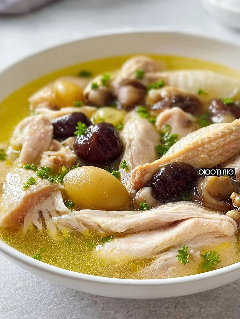Bowl of Chicken and Radish Soup with Mushrooms garnished with fresh herbs.