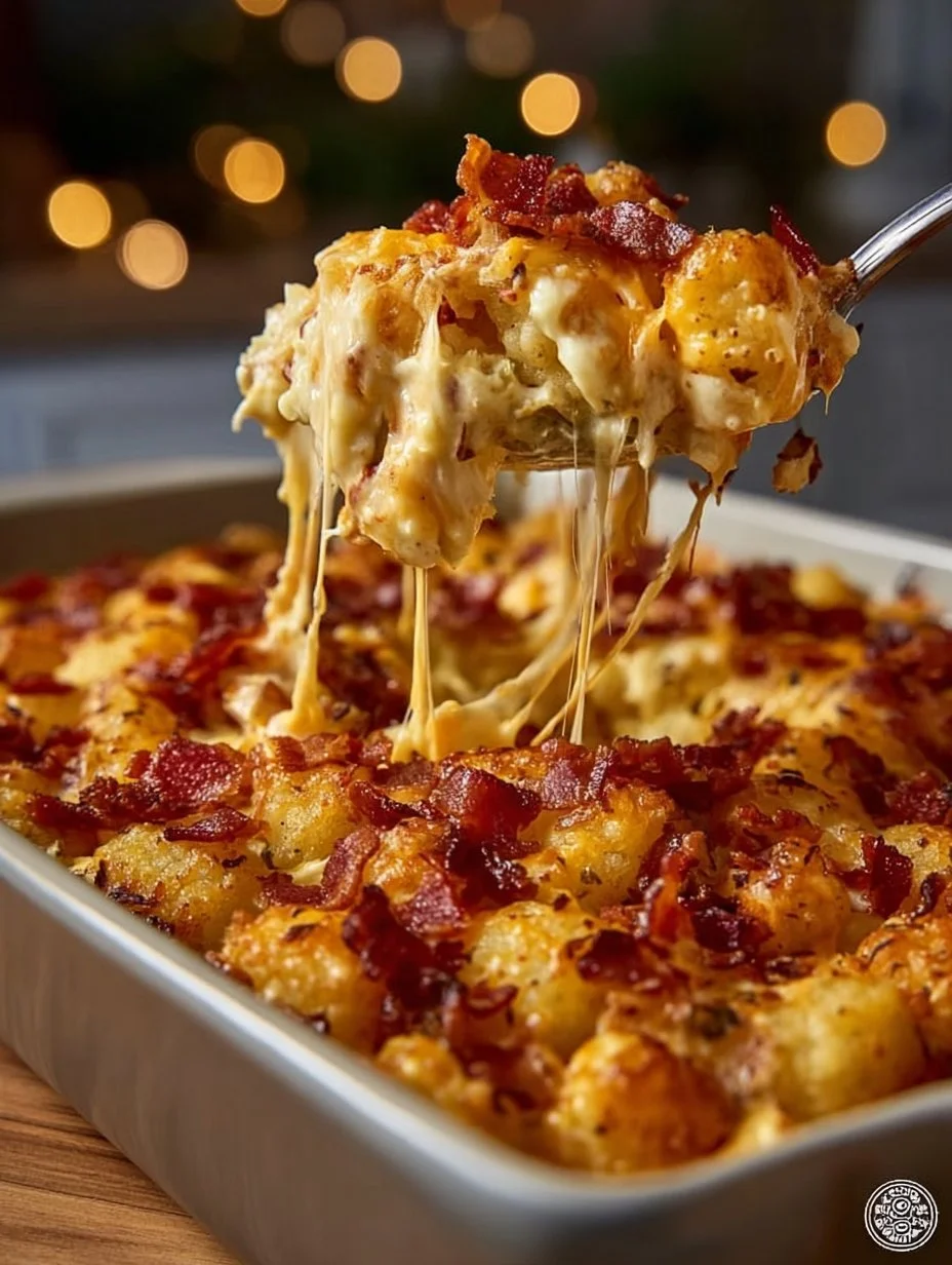 Chicken Bacon Ranch Tater Tot Casserole with crispy tater tots and chicken