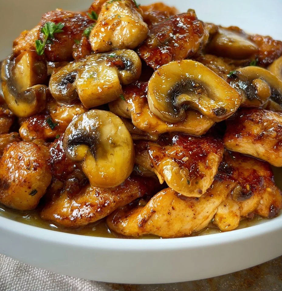 Delicious chicken breast and mushroom stir-fry served on a plate