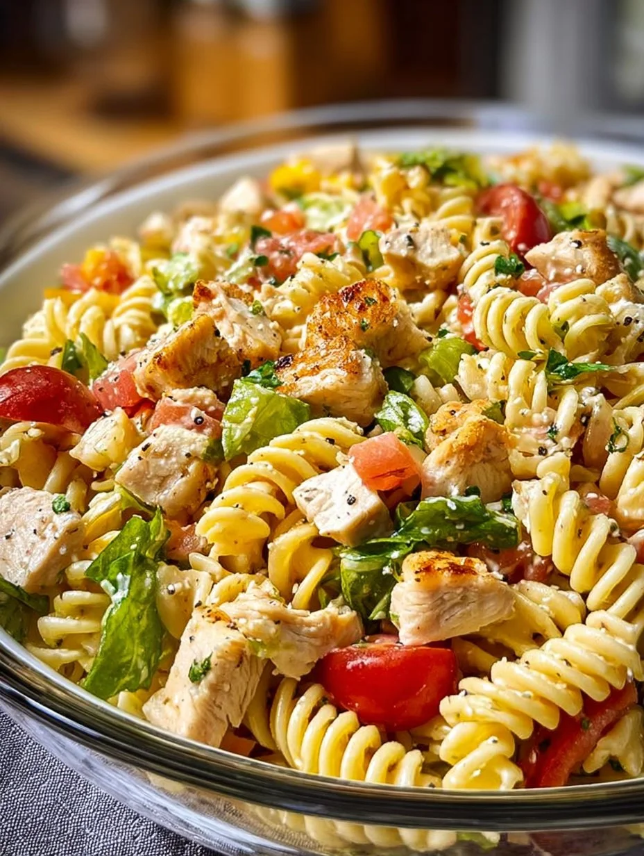 Delicious Chicken Caesar Pasta Salad with chicken and Caesar dressing