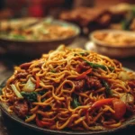 Delicious Chicken Chow Mein with savory chow mein sauce on a plate