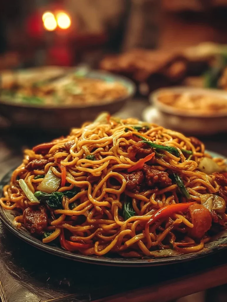Delicious Chicken Chow Mein with savory chow mein sauce on a plate