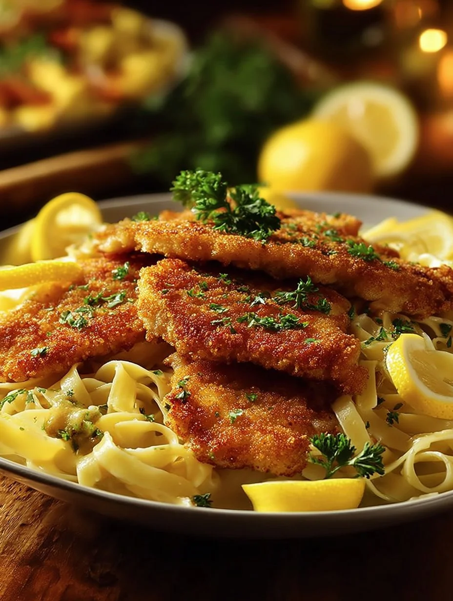 Deliciously crispy Chicken Schnitzel served with lemon and garnish.