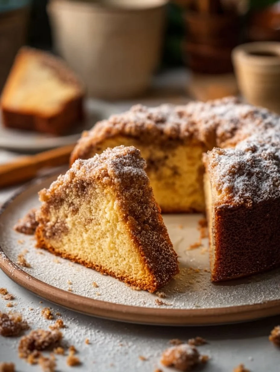 Delicious slice of Cinnamon Nutmeg Coffee Cake with a sprinkle of cinnamon