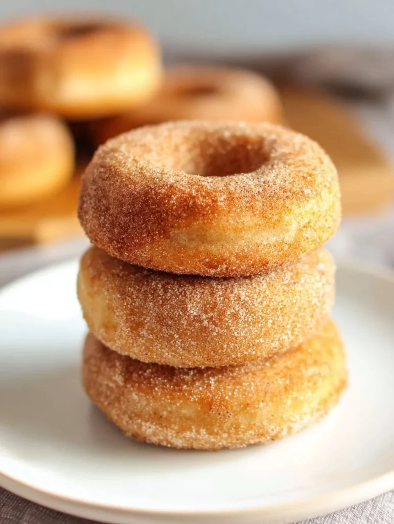 A plate of cinnamon sugar dairy free donuts, golden and fluffy.