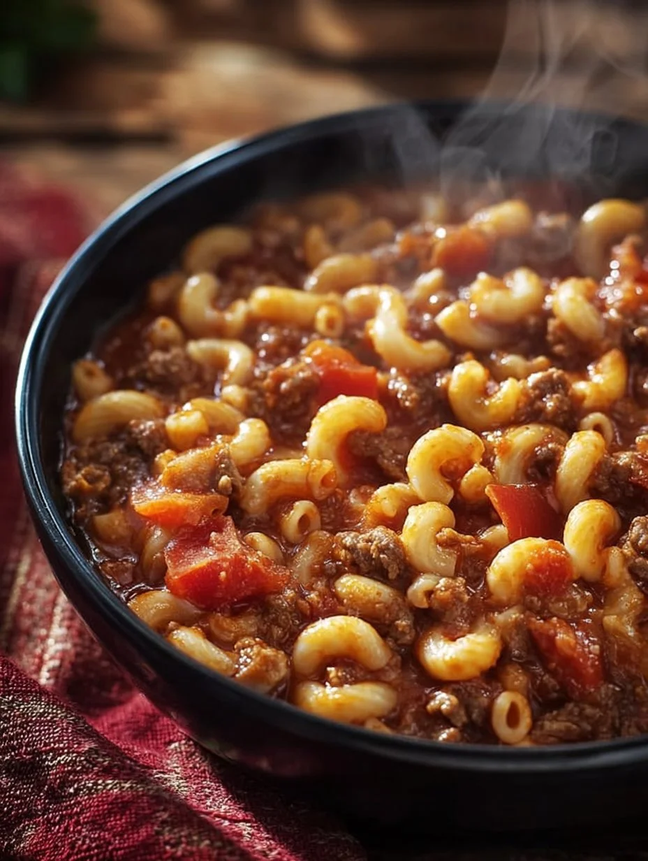 Classic American Goulash in a bowl, featuring pasta, ground beef, and vegetables.
