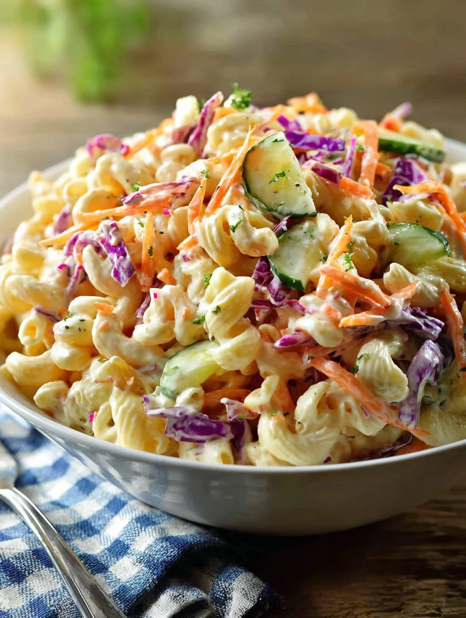 Delicious coleslaw pasta salad with fresh vegetables in a creamy dressing