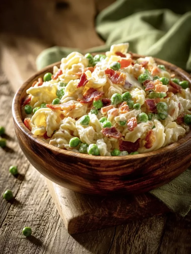 Creamy bacon ranch pasta salad with crispy bacon, vegetables, and ranch dressing