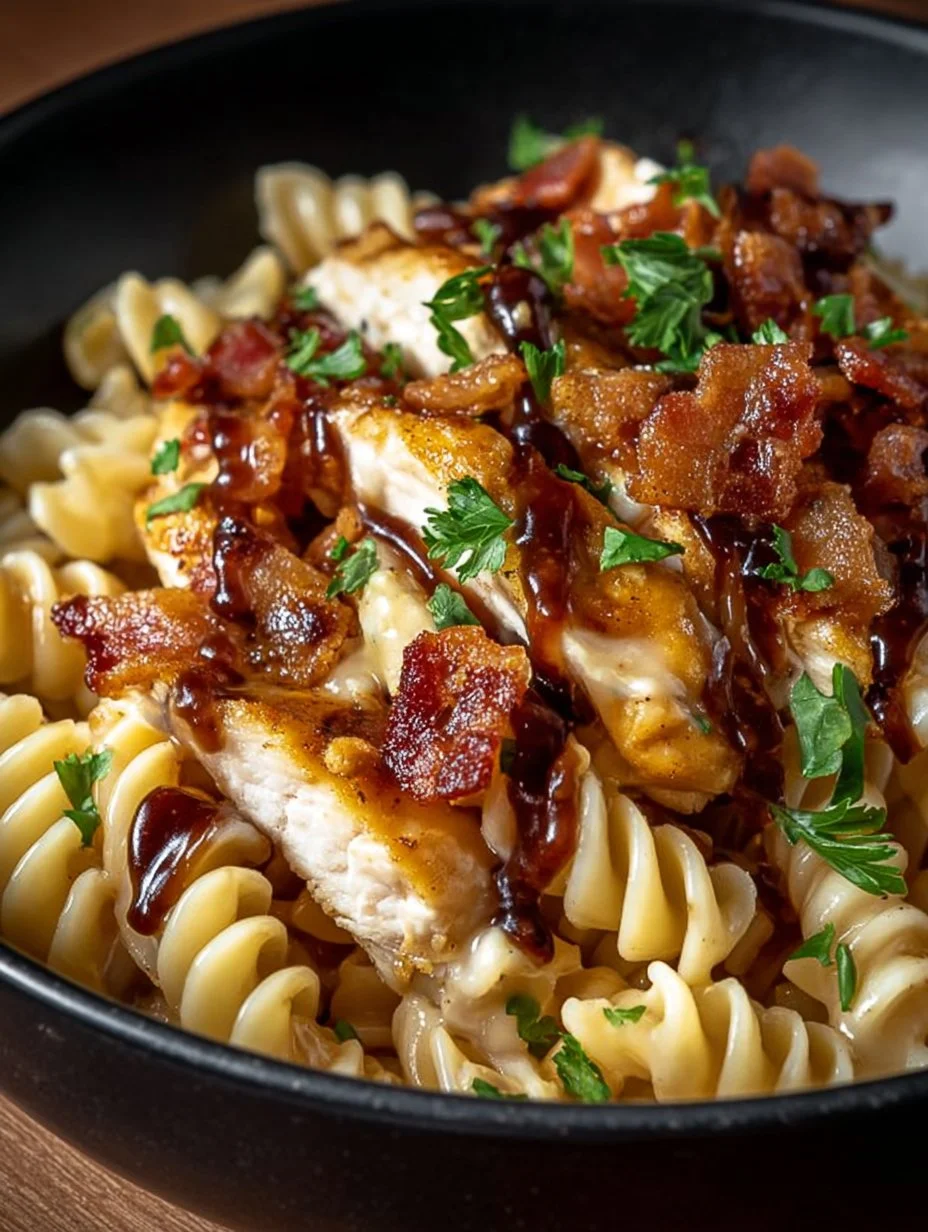 Creamy BBQ Bacon Ranch Chicken Pasta dish with vibrant colors and textures