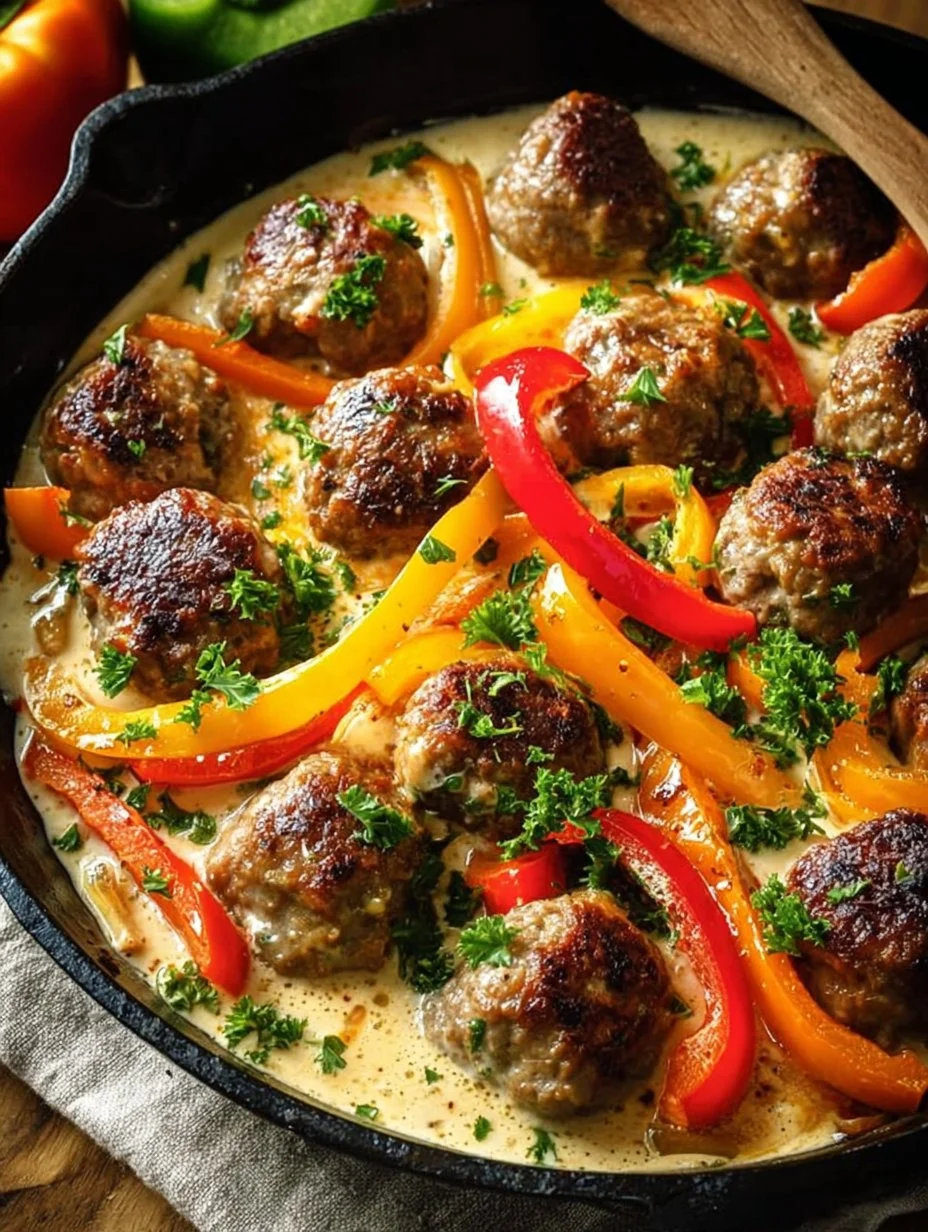 Creamy Dreamy Meatballs and Pepper Skillet cooked in a pan with vibrant veggies