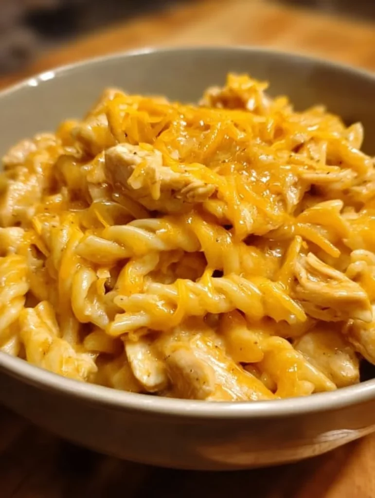 Creamy Honey BBQ Chicken with cheddar pasta in a serving bowl