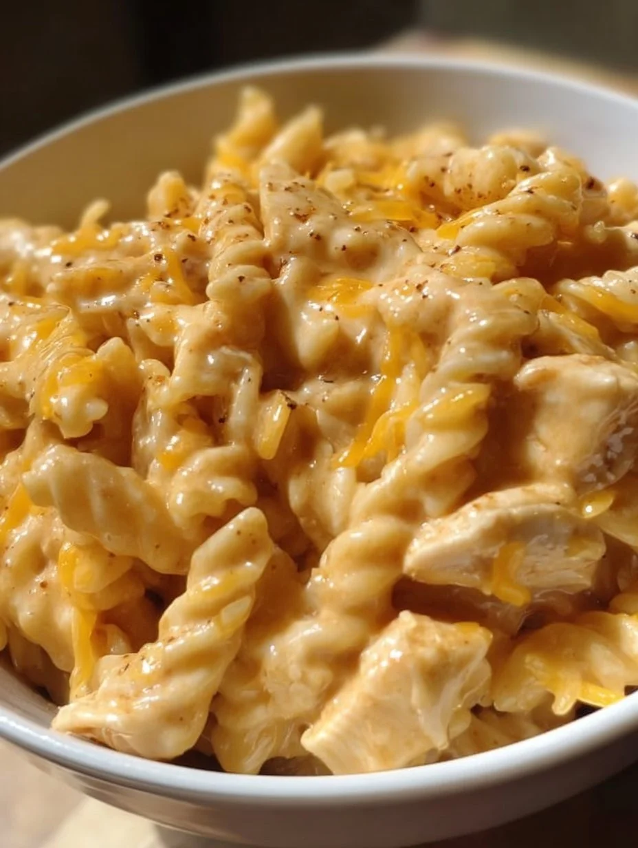 Creamy honey BBQ chicken and cheddar pasta dish served in a bowl