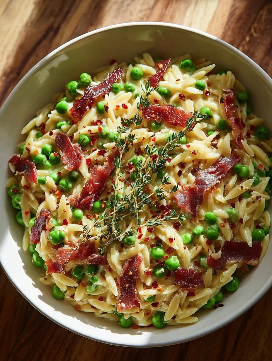 Creamy orzo dish with green peas and crispy prosciutto served in a bowl