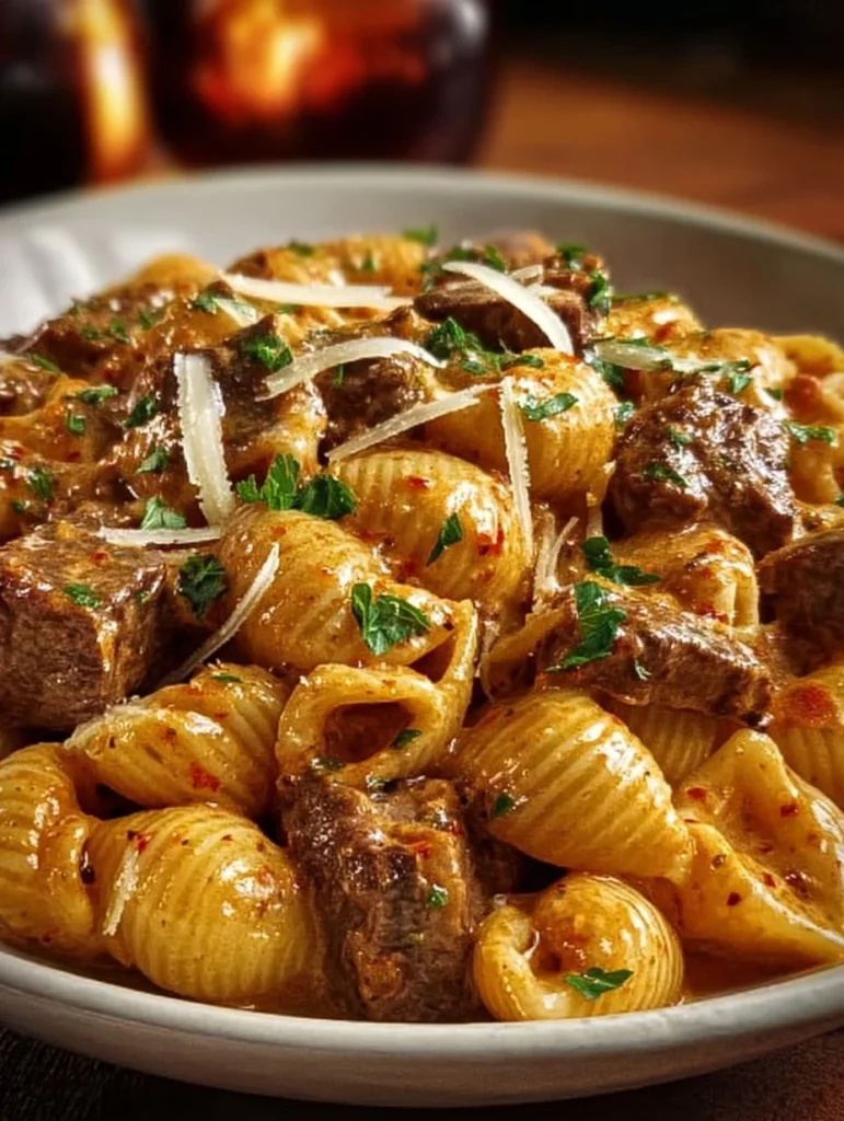 Creamy paprika steak shells dish served on a plate with herbs.