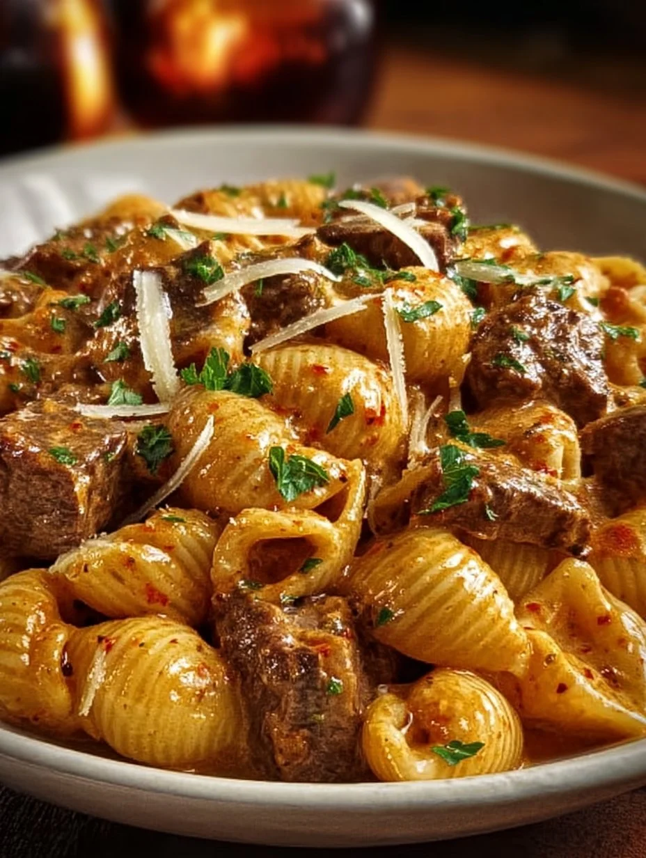 Creamy paprika steak shells dish served on a plate with herbs.