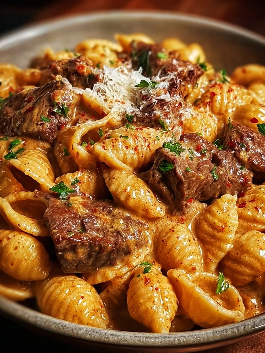 Delicious creamy paprika steak shells served on a plate