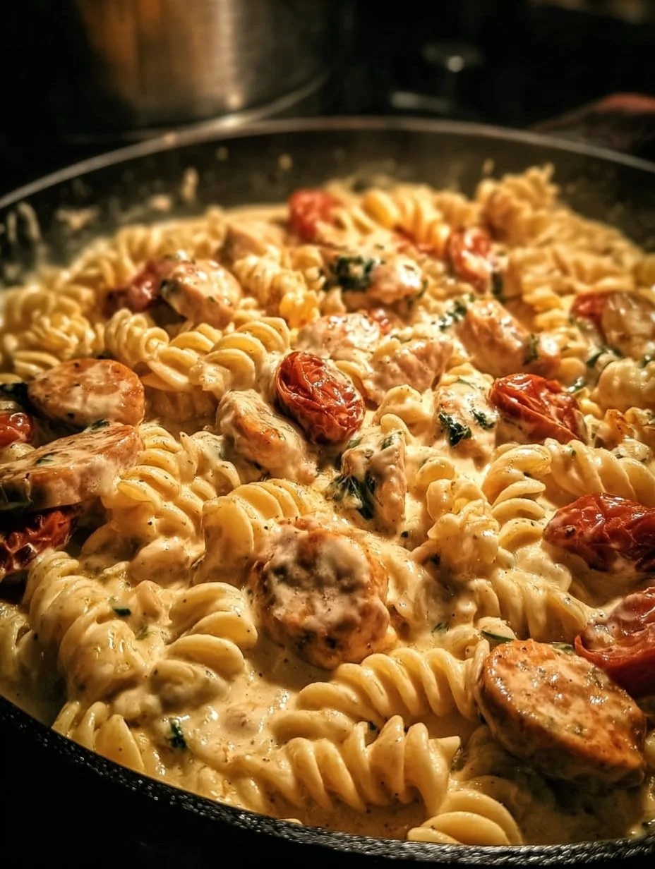 Creamy pepper jack chicken and sausage pasta dish on a plate