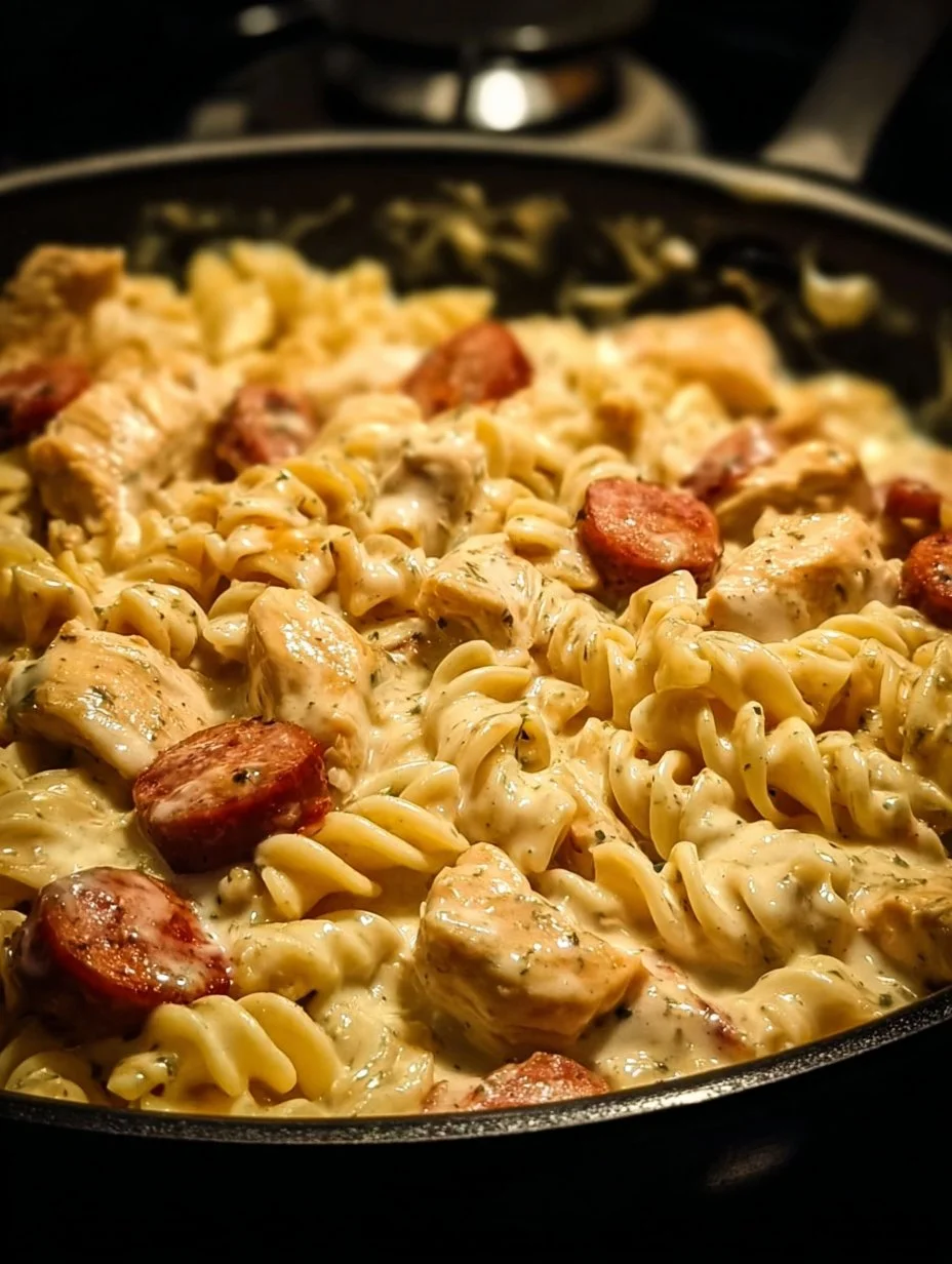 Creamy Pepper Jack Chicken and Sausage Pasta dish served in a bowl