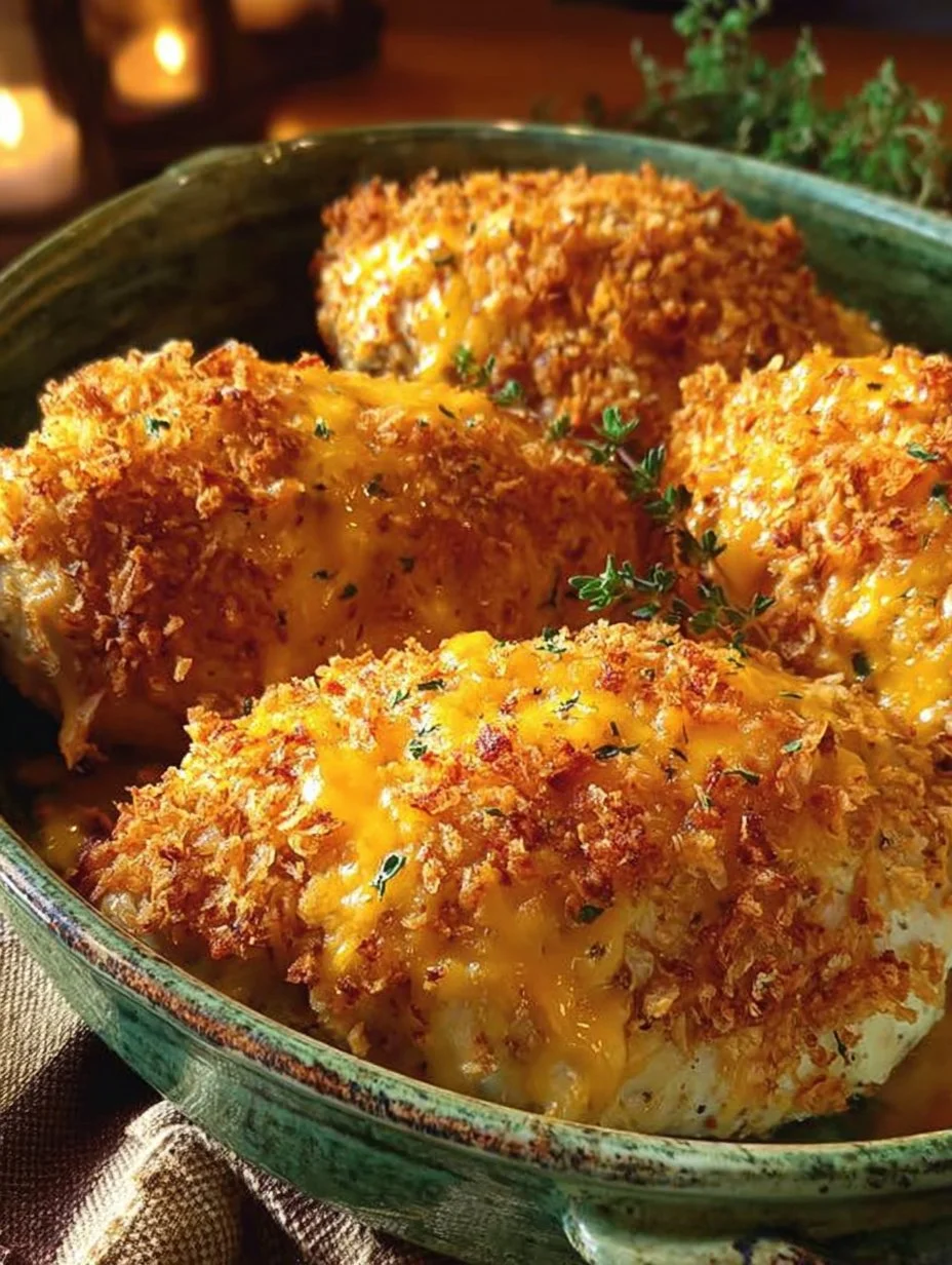 Plate of Crispy Cheddar Baked Chicken with green sides