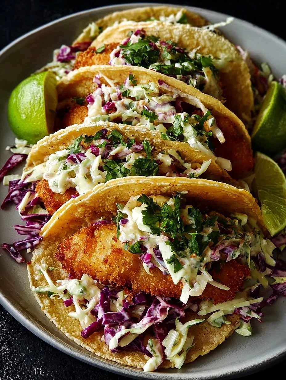 Crispy fish tacos topped with cilantro lime slaw on a wooden platter