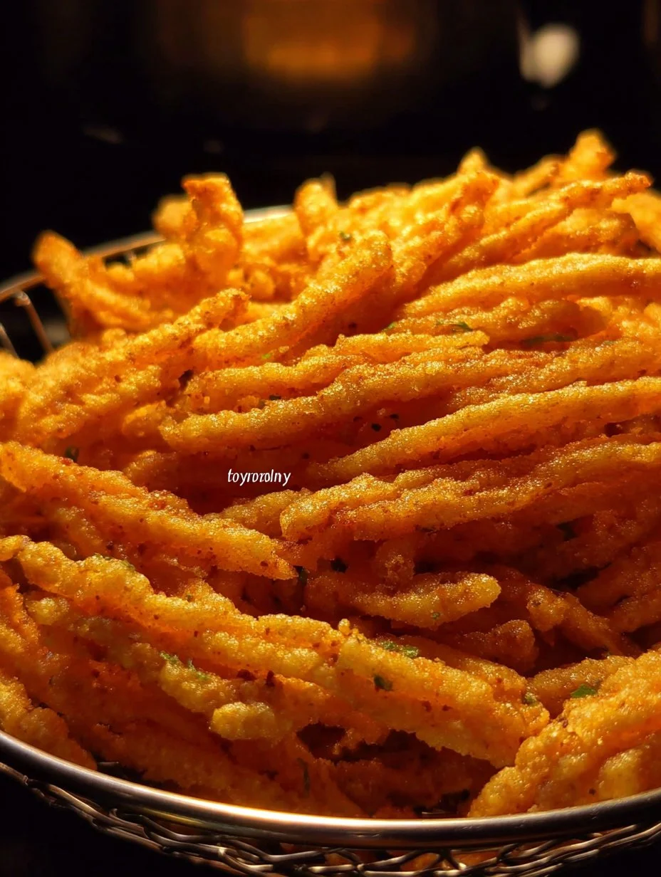 Delicious crispy fried enoki mushrooms on a plate