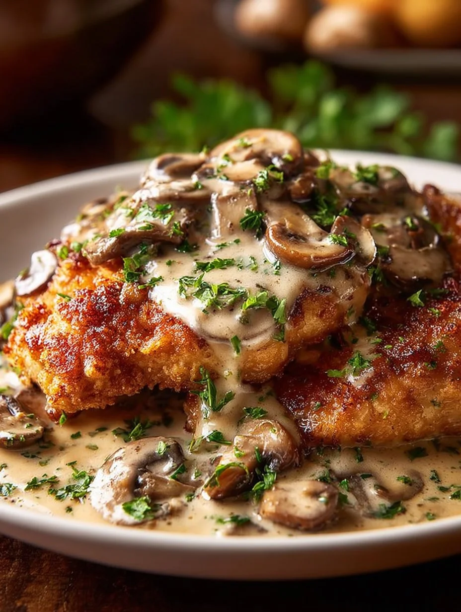 Crispy golden chicken served with Parmesan mushroom sauce on a plate