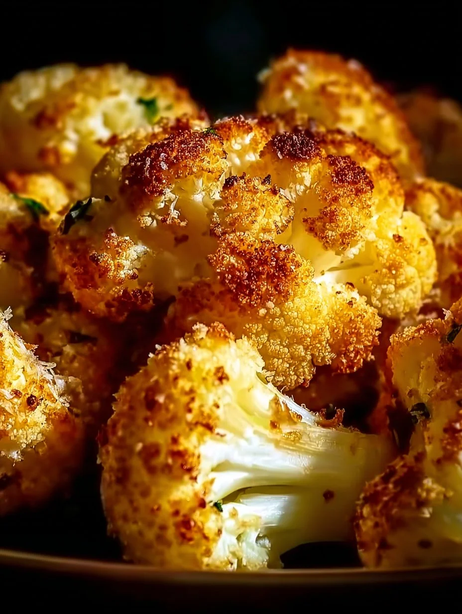 Bowl of crispy Parmesan roasted cauliflower garnished with fresh herbs